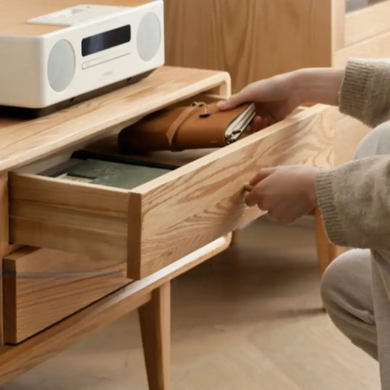 71 Natural Wooden Glass Sliding Door TV Stand with Drawers