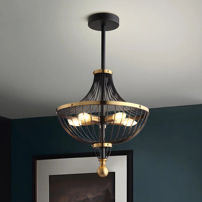 Industrial Gold Black Metal Cage Chandelier
