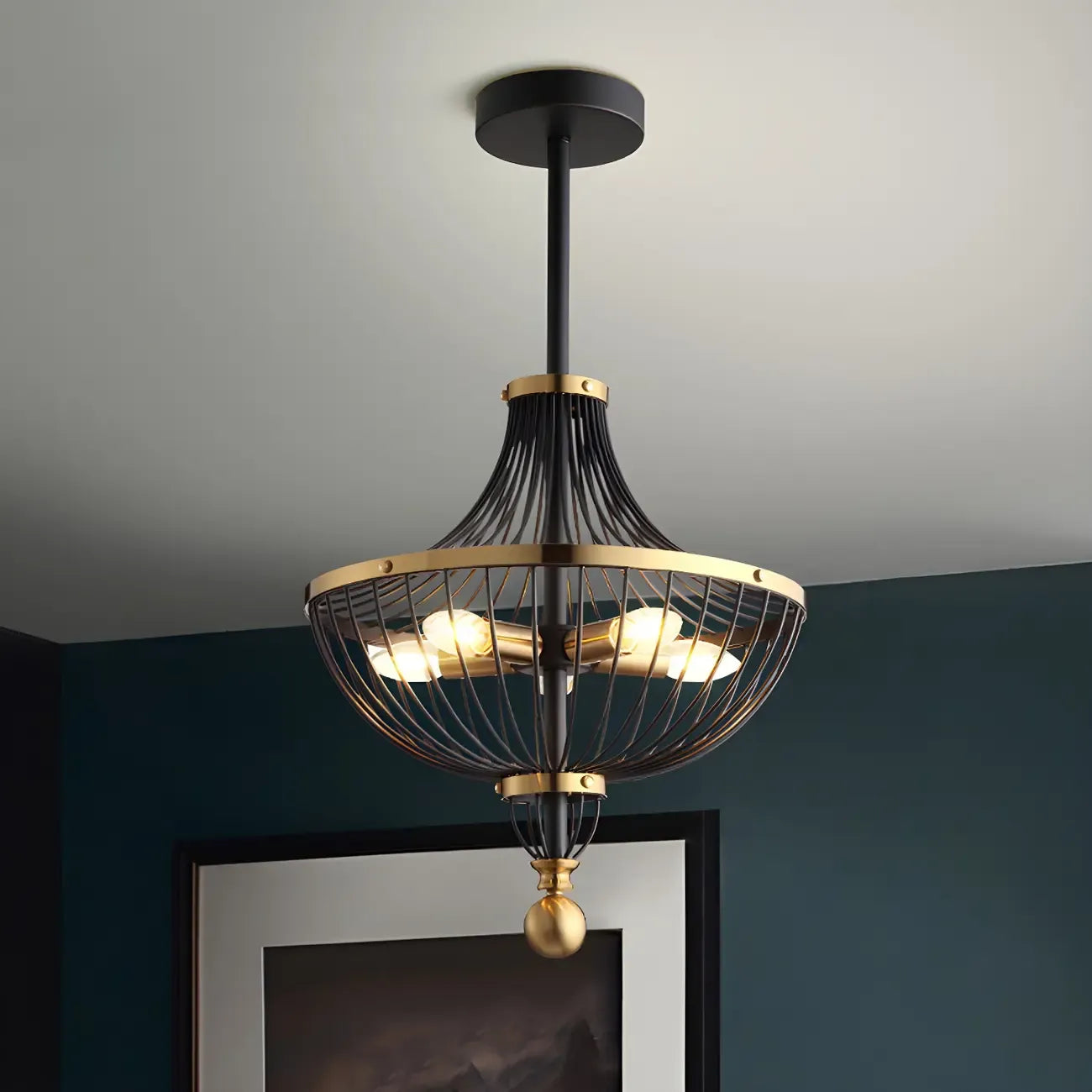 Industrial Gold Black Metal Cage Chandelier