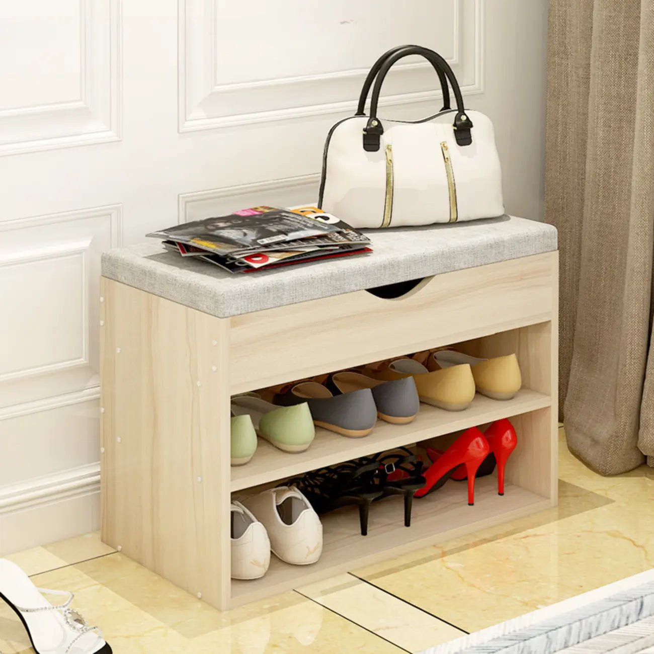 White Wooden Shoe Storage Bench with Hidden Storage
