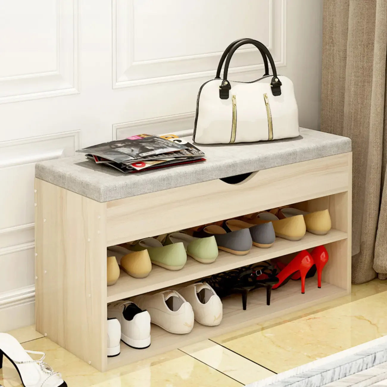 White Wooden Shoe Storage Bench with Hidden Storage