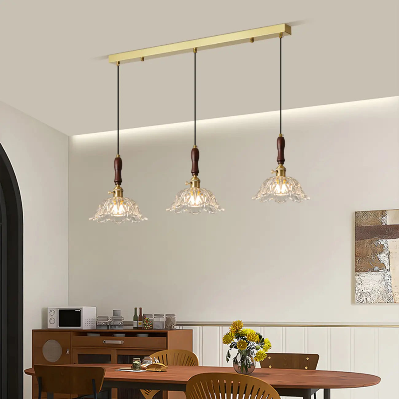 3-Light Modern Floral Glass Gold Island Pendant Light for Kitchen