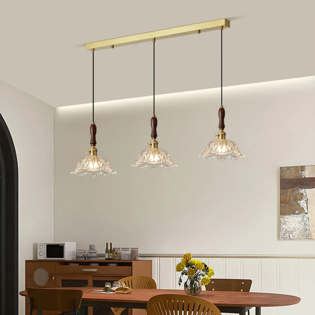 3-Light Modern Floral Glass Gold Island Pendant Light for Kitchen