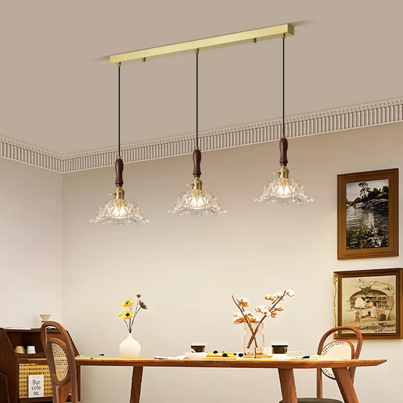 3-Light Modern Floral Glass Gold Island Pendant Light for Kitchen