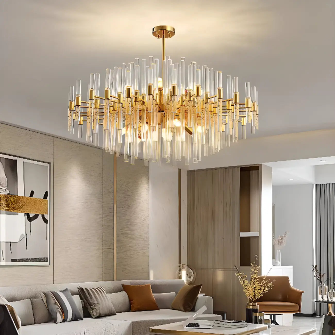 Glamorous Gold Clear Glass Column Starburst Chandelier