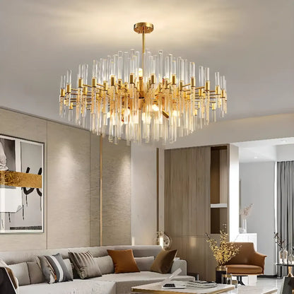 Glamorous Gold Clear Glass Column Starburst Chandelier