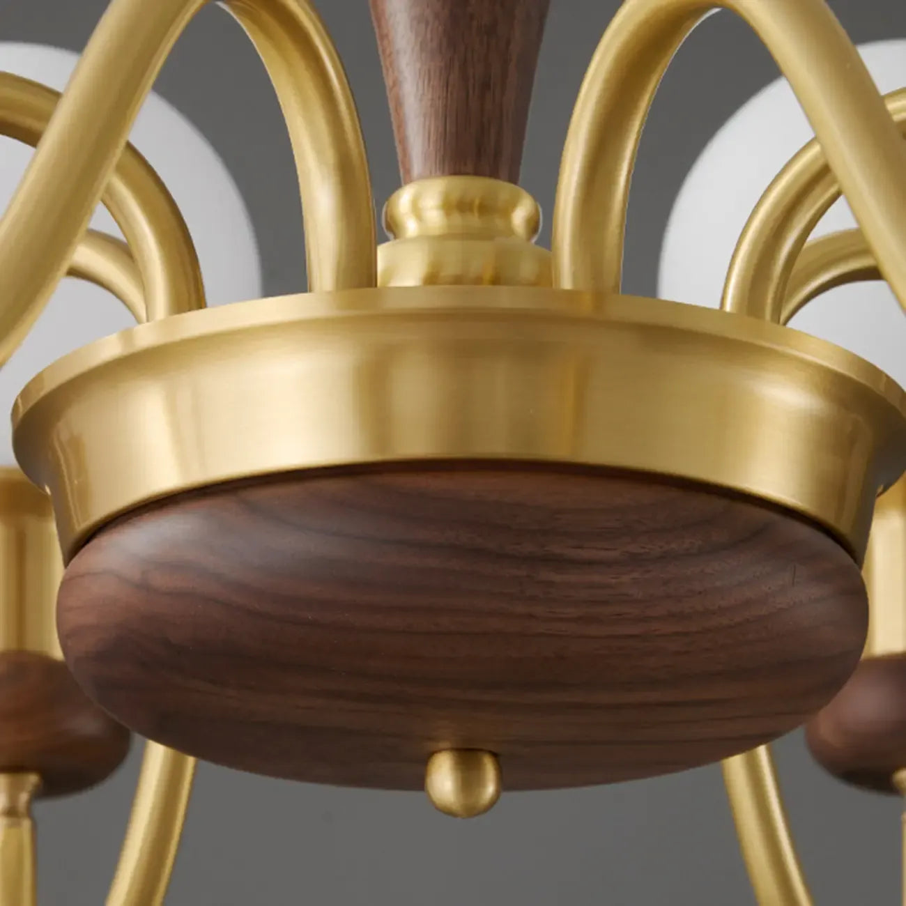 Mid-Century Brass Wood Chandelier with Globe Glass Shade