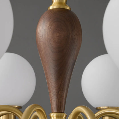 Mid-Century Brass Wood Chandelier with Globe Glass Shade