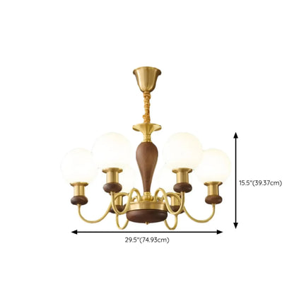 Mid-Century Brass Wood Chandelier with Globe Glass Shade