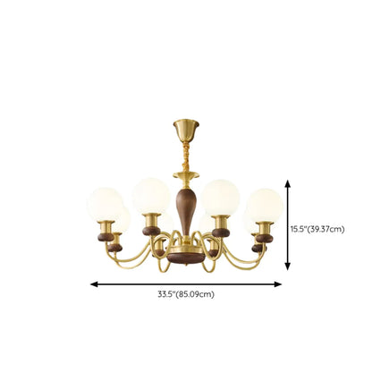 Mid-Century Brass Wood Chandelier with Globe Glass Shade