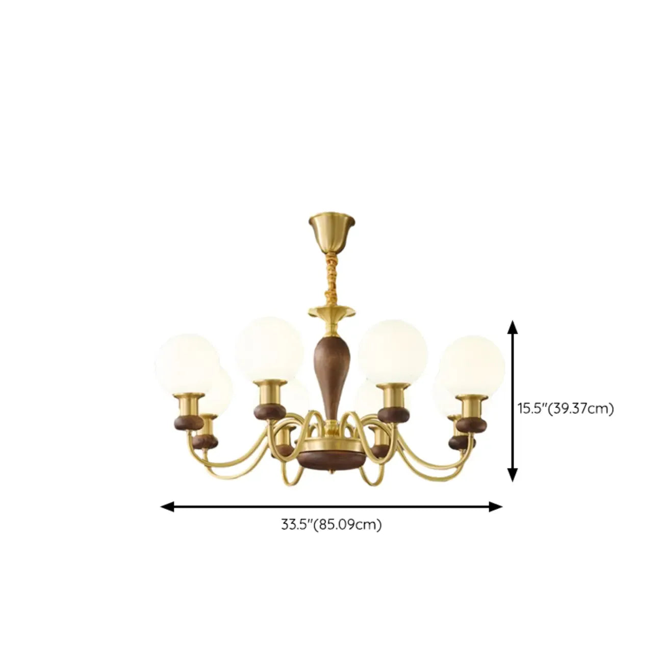 Mid-Century Brass Wood Chandelier with Globe Glass Shade