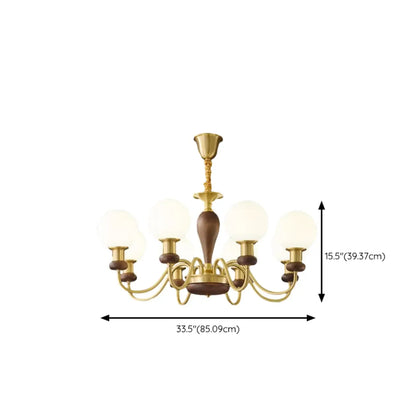 Mid-Century Brass Wood Chandelier with Globe Glass Shade