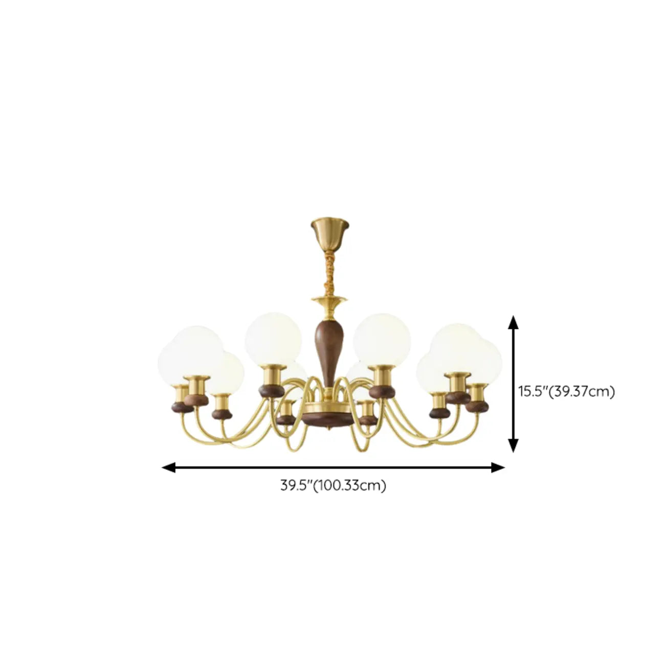 Mid-Century Brass Wood Chandelier with Globe Glass Shade
