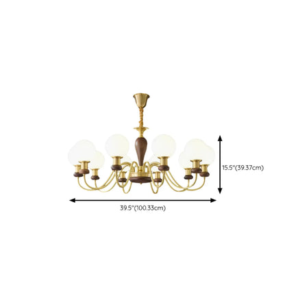 Mid-Century Brass Wood Chandelier with Globe Glass Shade