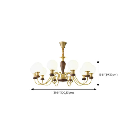 Mid-Century Brass Wood Chandelier with Globe Glass Shade