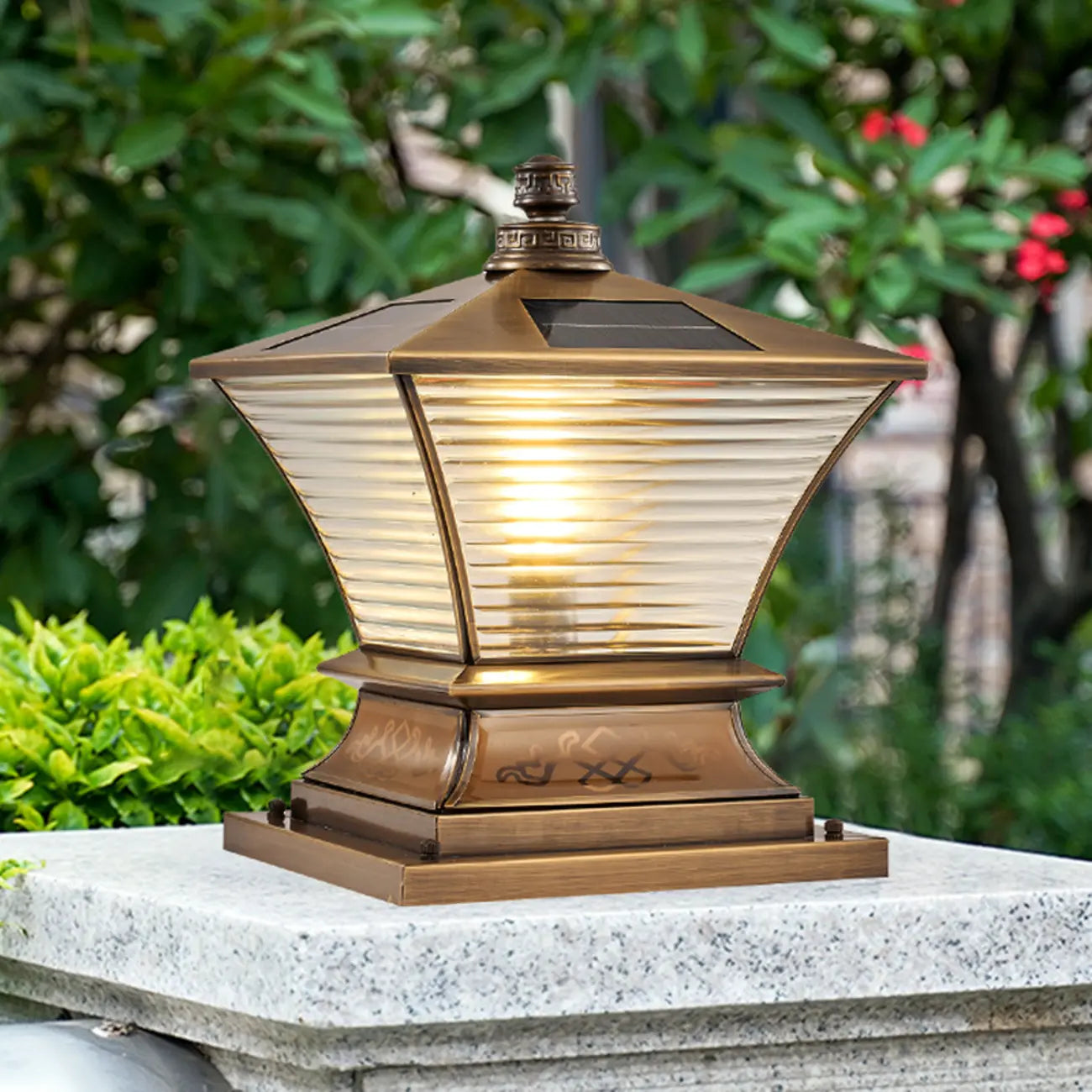Vintage Brass Flared Solar Outdoor Post Lights