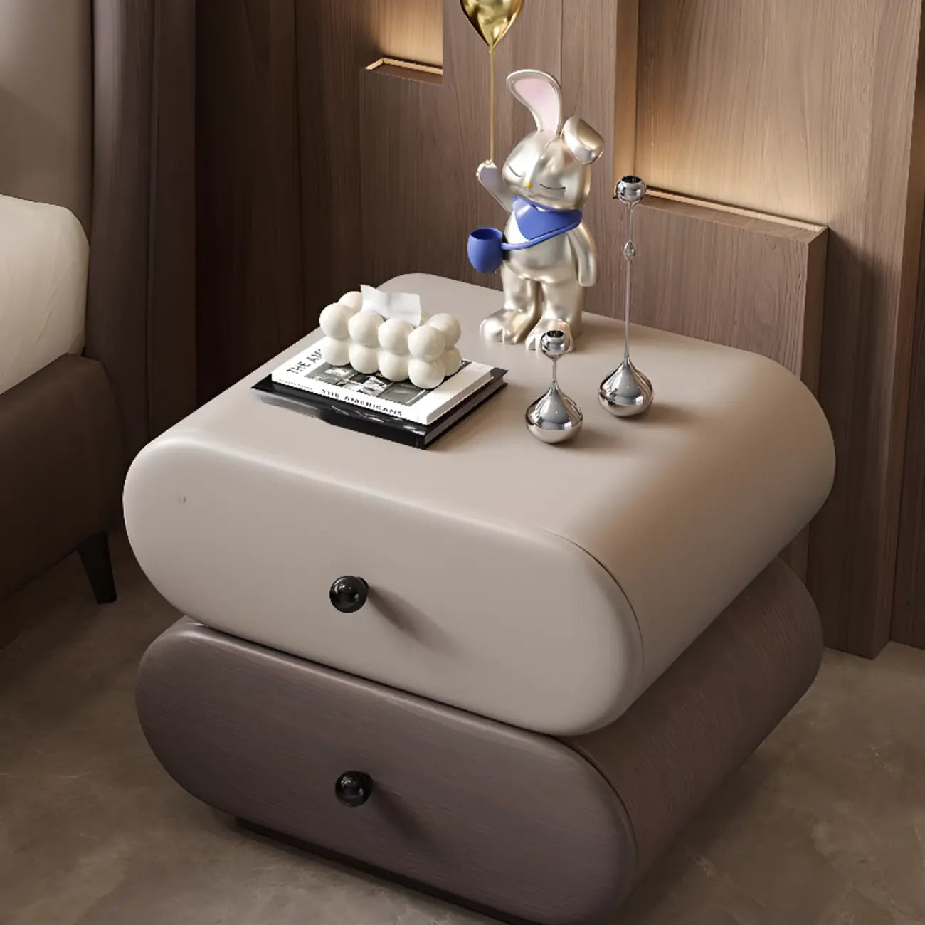 Modern Leather Wood Dual-Tone Drawers Nightstand