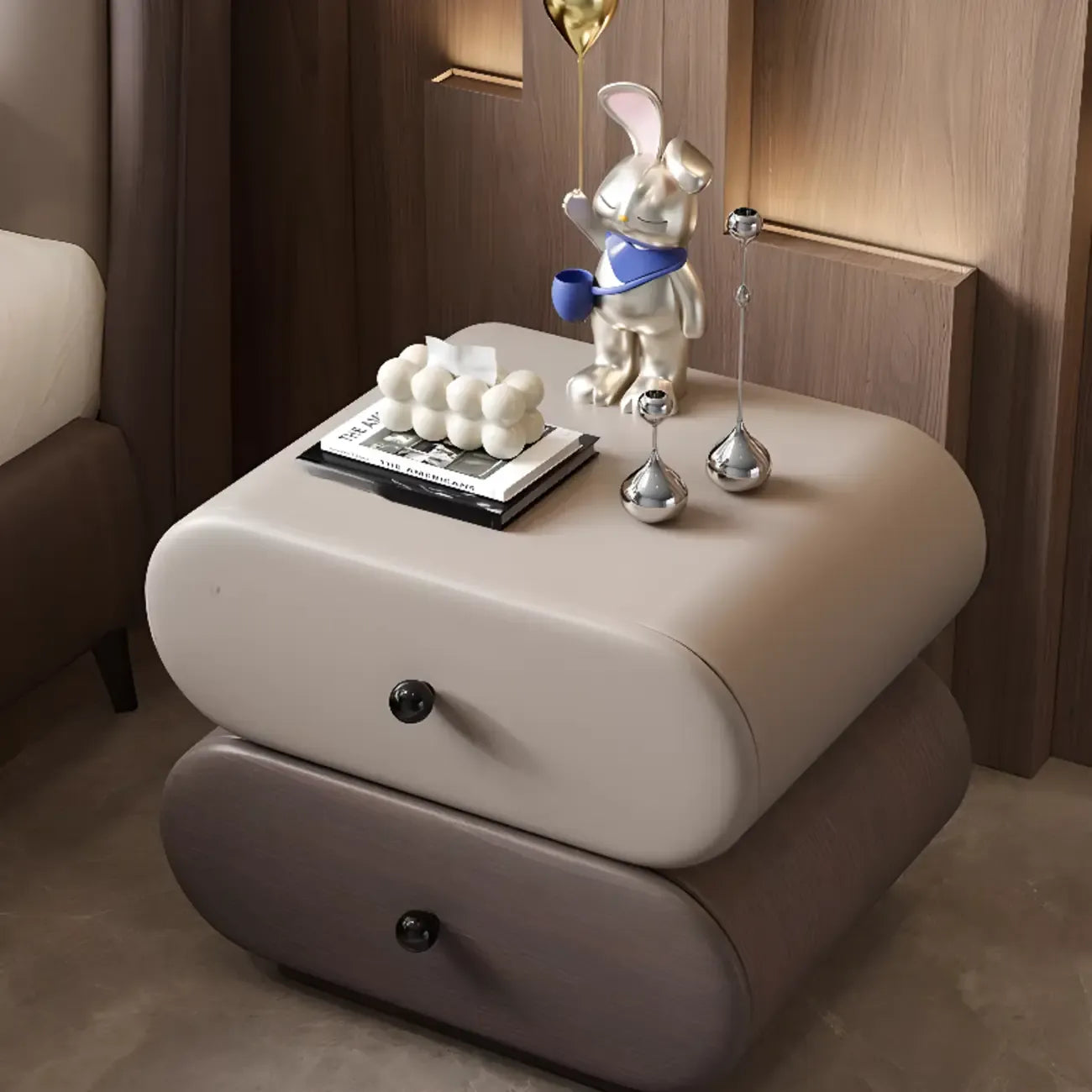 Modern Leather Wood Dual-Tone Drawers Nightstand