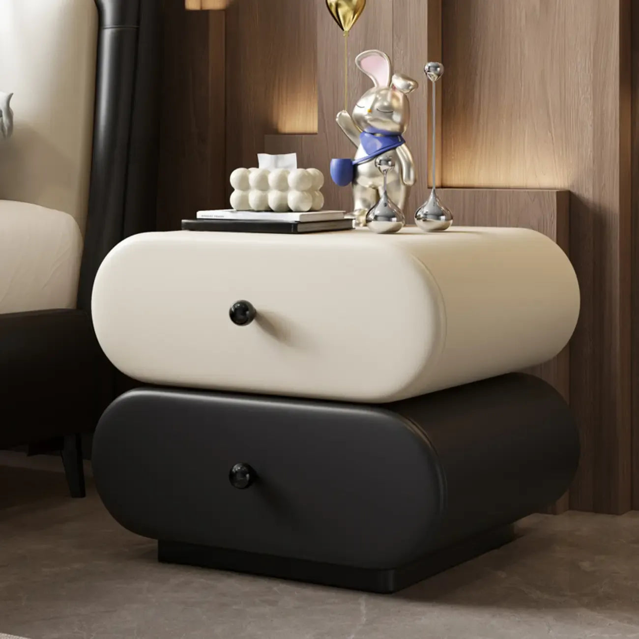 Modern Leather Wood Dual-Tone Drawers Nightstand