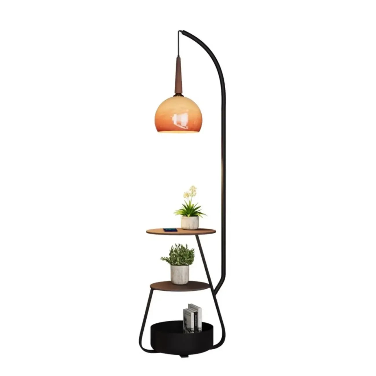 Orange Arc Standing Dome Floor Lamp with Side Table Dimmable