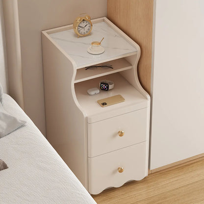 White Wood Faux Marble Open Storage Narrow Nightstand