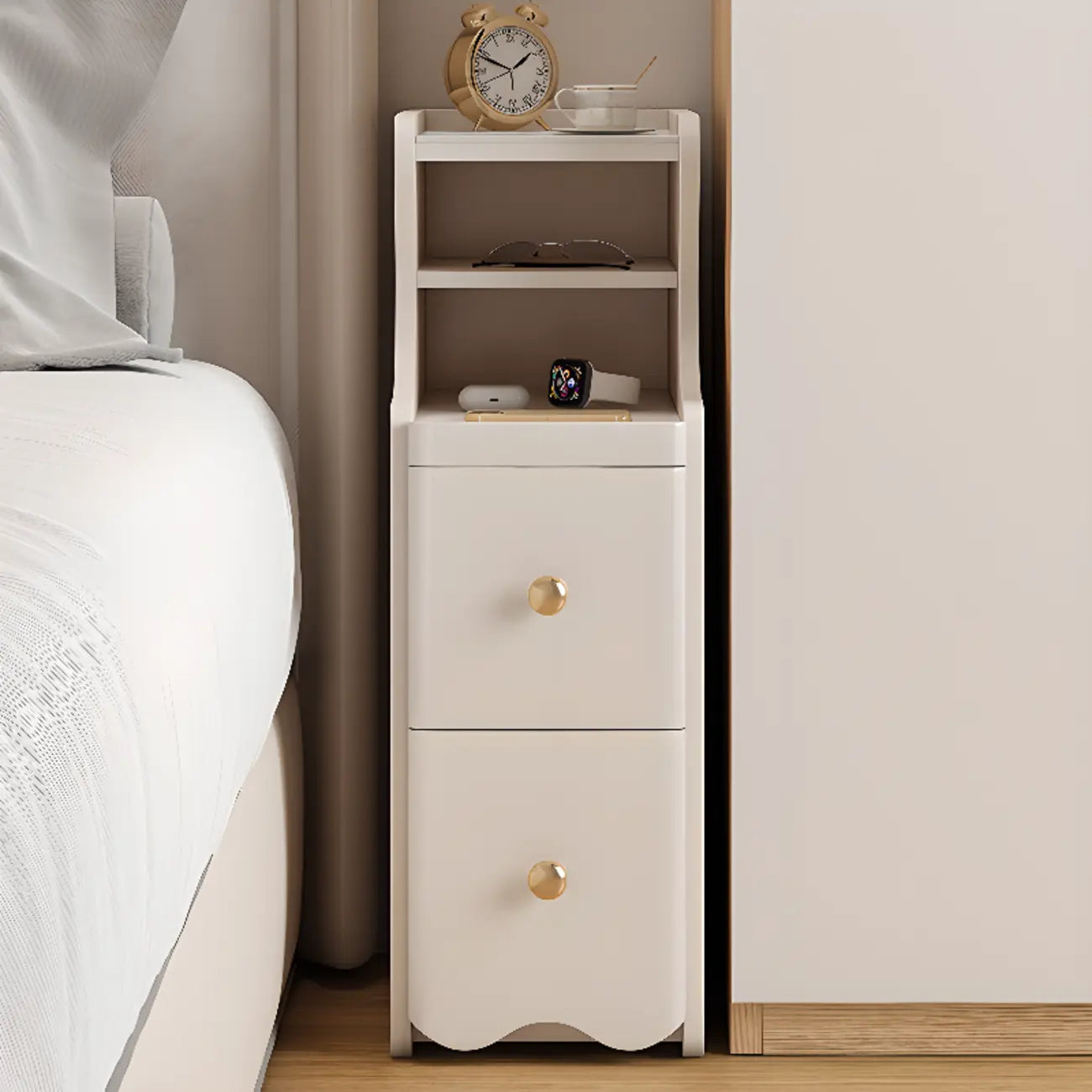 White Wood Faux Marble Open Storage Narrow Nightstand