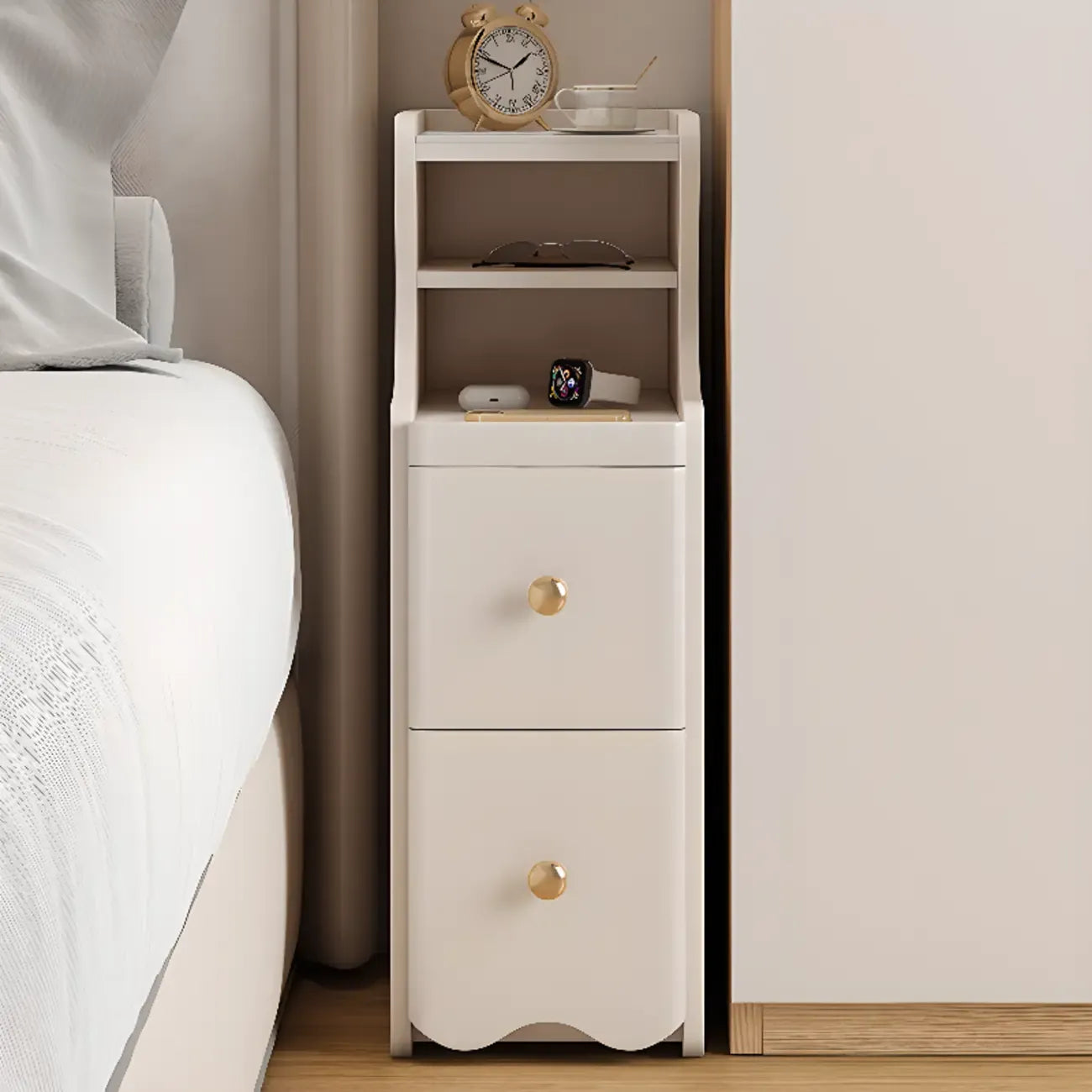 White Wood Faux Marble Open Storage Narrow Nightstand