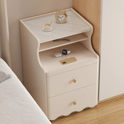 White Wood Faux Marble Open Storage Narrow Nightstand