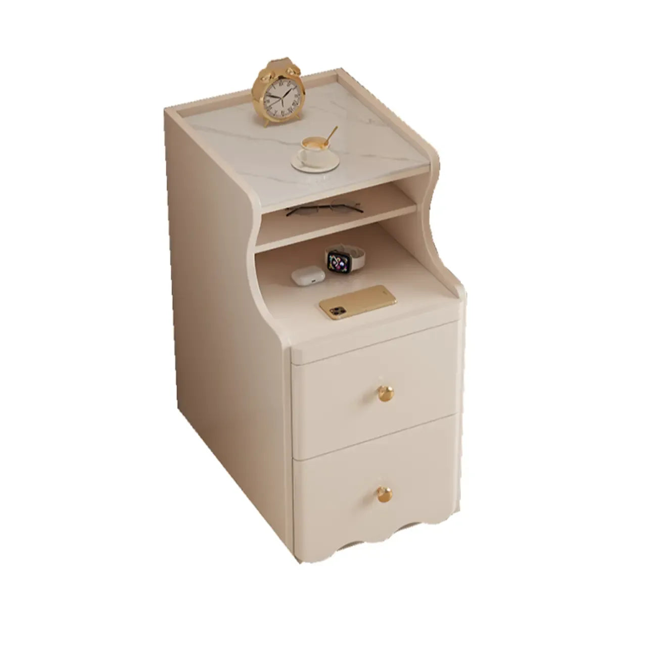 White Wood Faux Marble Open Storage Narrow Nightstand