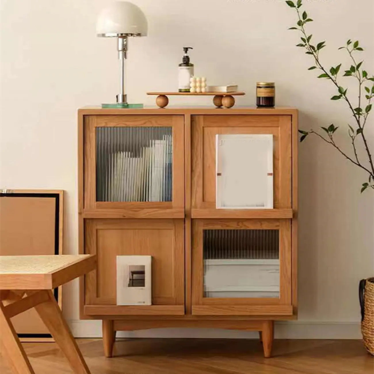 Brown Pine Wood Rectangle 4 Cabinet with Glass Doors