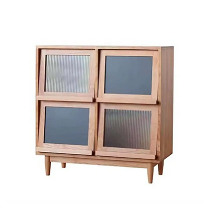 Brown Pine Wood Rectangle 4 Cabinet with Glass Doors