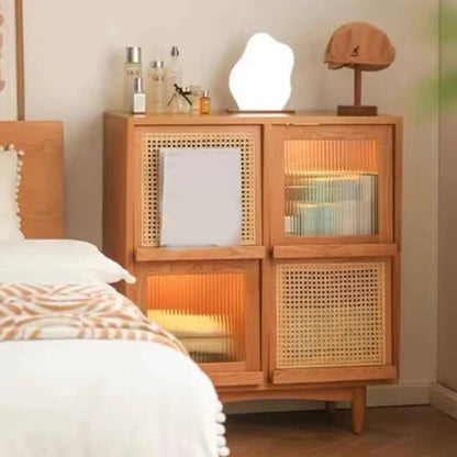Brown Pine Wood Rectangle 4 Cabinet with Glass Doors