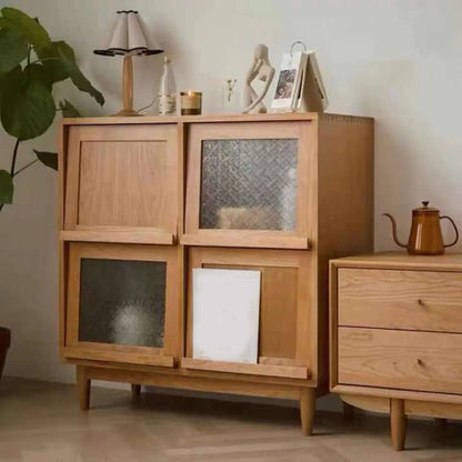 Brown Pine Wood Rectangle 4 Cabinet with Glass Doors
