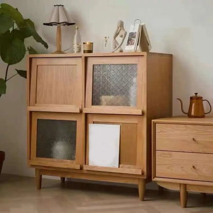 Brown Pine Wood Rectangle 4 Cabinet with Glass Doors
