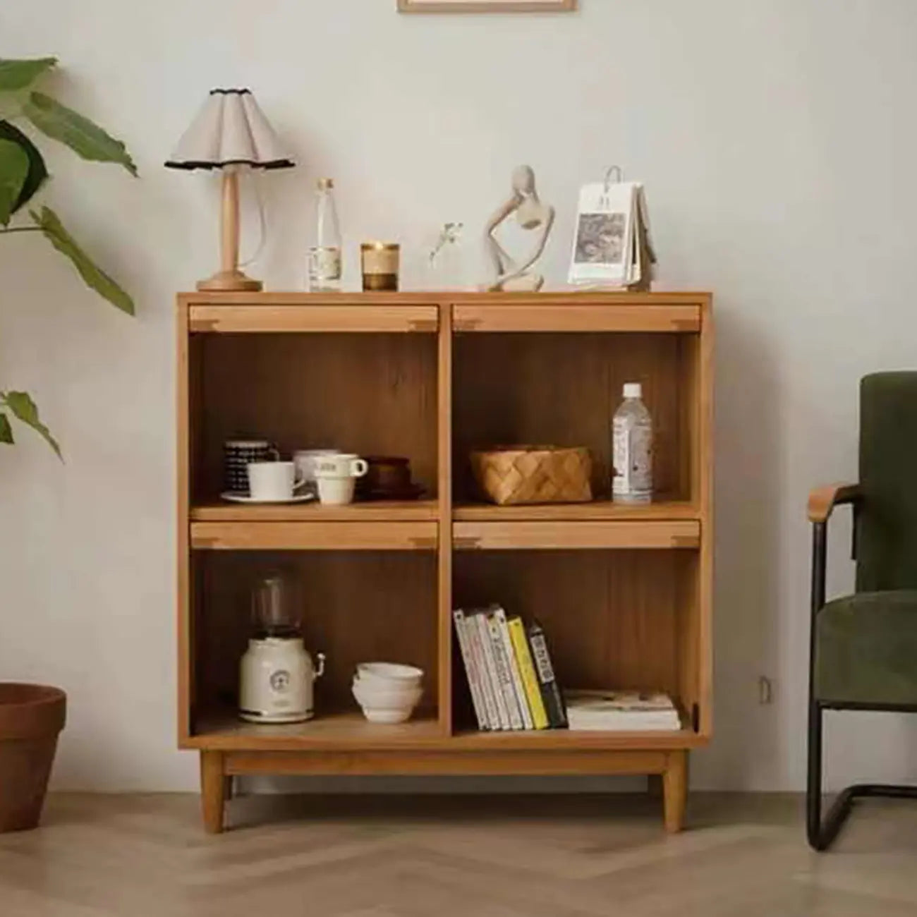 Brown Pine Wood Rectangle 4 Cabinet with Glass Doors