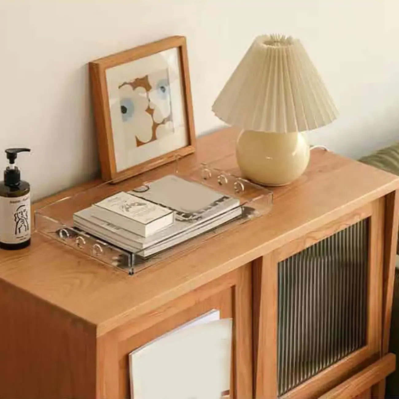 Brown Pine Wood Rectangle 4 Cabinet with Glass Doors