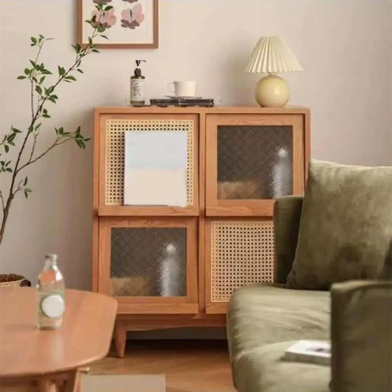 Brown Pine Wood Rectangle 4 Cabinet with Glass Doors