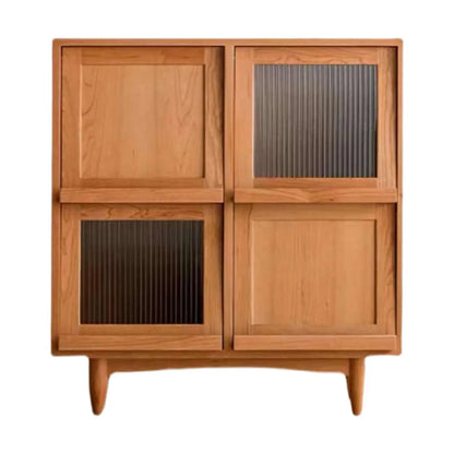 Brown Pine Wood Rectangle 4 Cabinet with Glass Doors