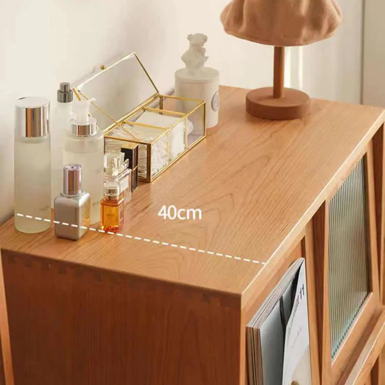 Brown Pine Wood Rectangle 4 Cabinet with Glass Doors