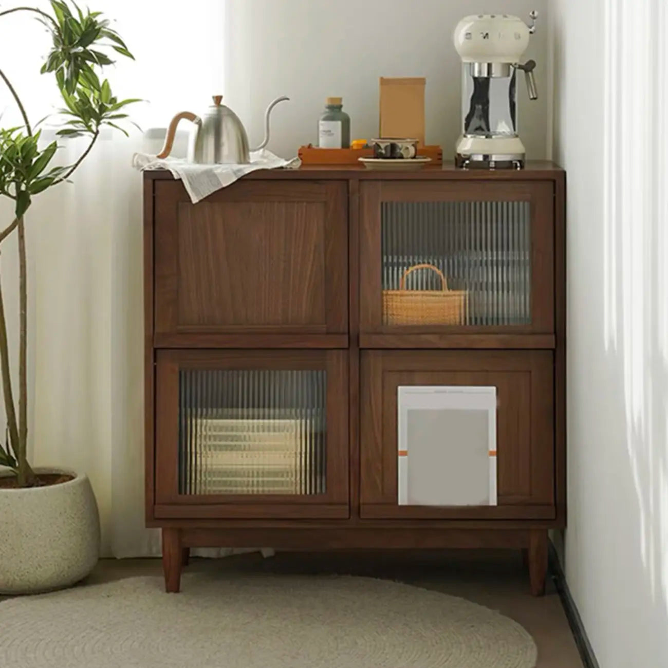 Brown Pine Wood Rectangle 4 Cabinet with Glass Doors