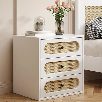 Functional White Wood Ratten 3-Drawer Narrow Nightstand