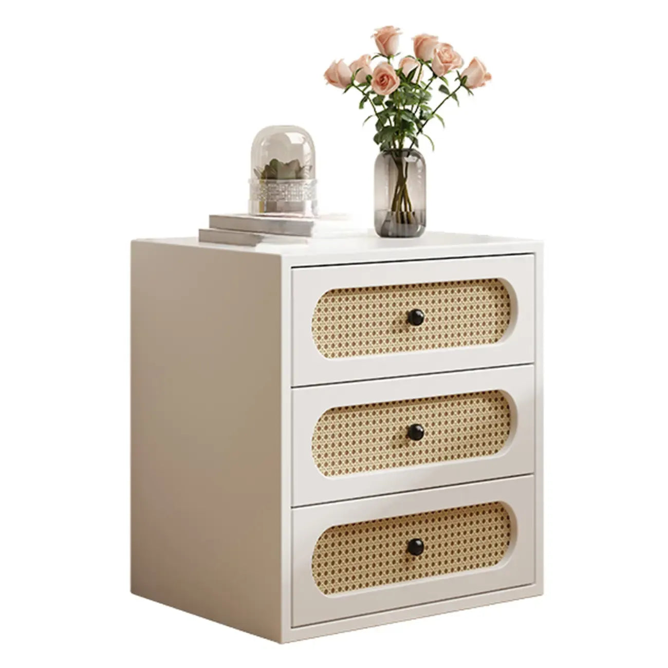 Functional White Wood Ratten 3-Drawer Narrow Nightstand