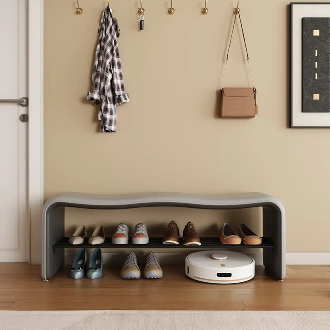 2-Seat Upholstered Metal Solid Color Storage Entryway Bench