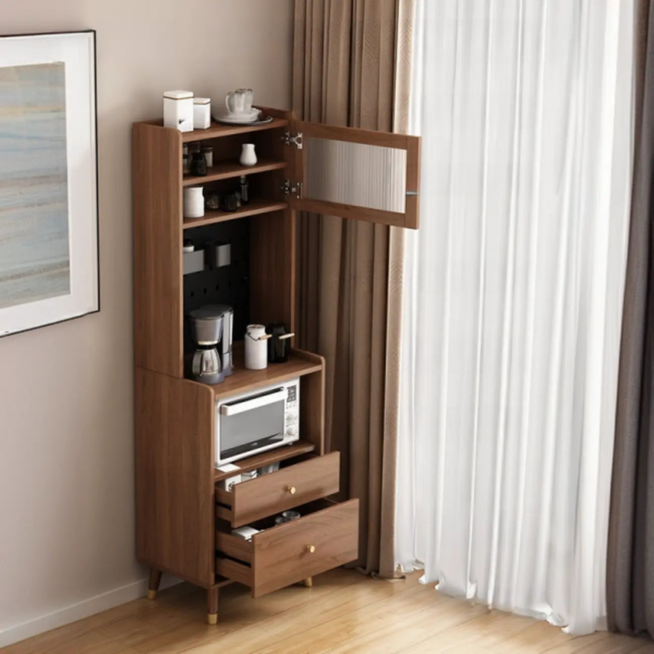 Compact Wooden Brown 2-Drawer Tall Sideboard with Hutch