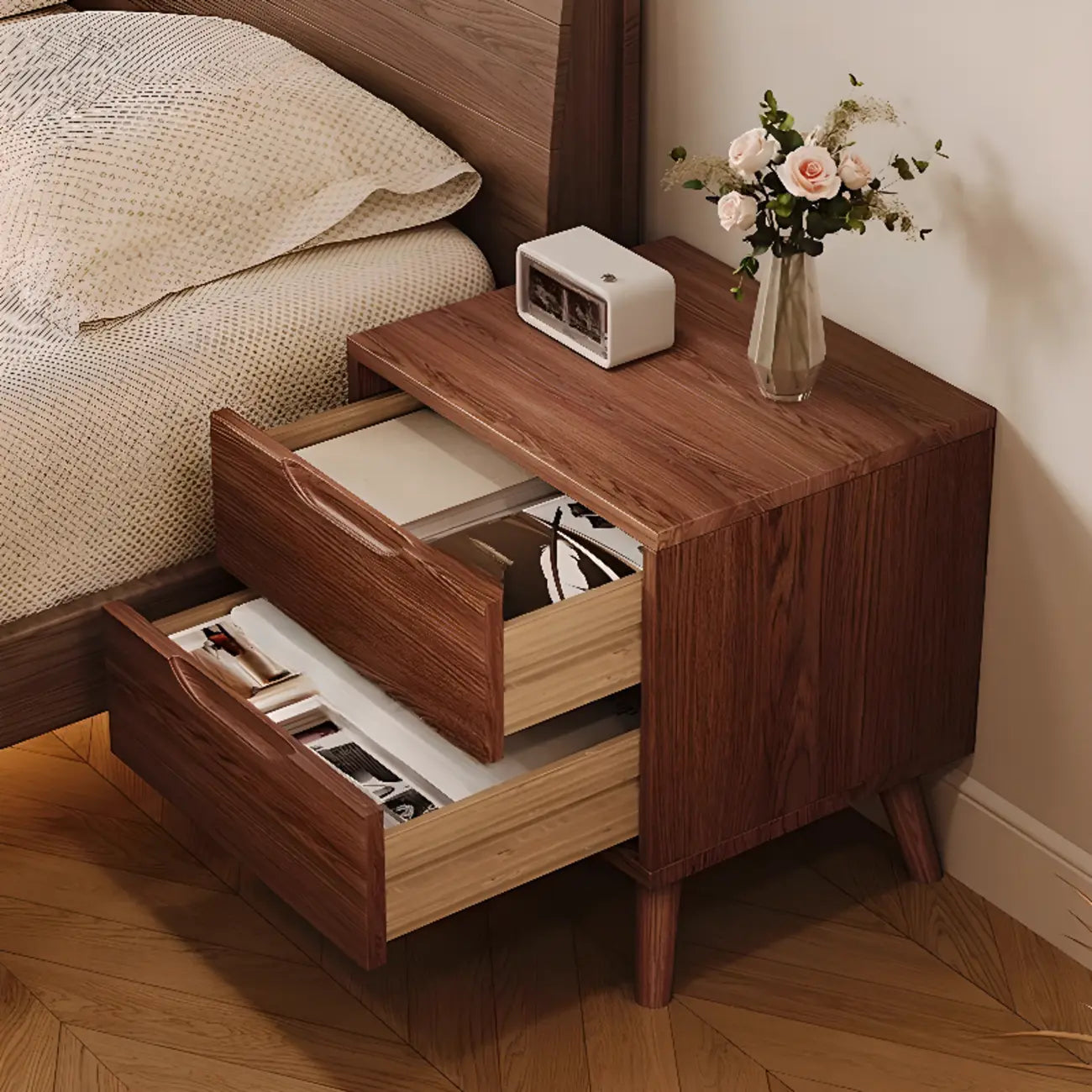 Traditional Wooden Nut-Brown Bedside Double Drawer Nightstand