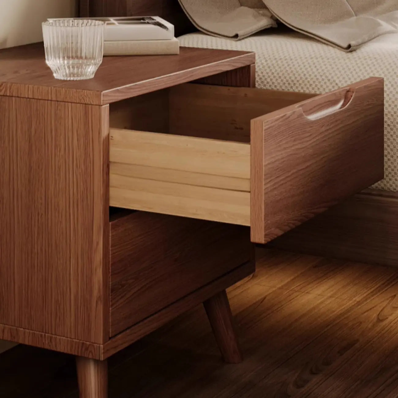 Traditional Wooden Nut-Brown Bedside Double Drawer Nightstand