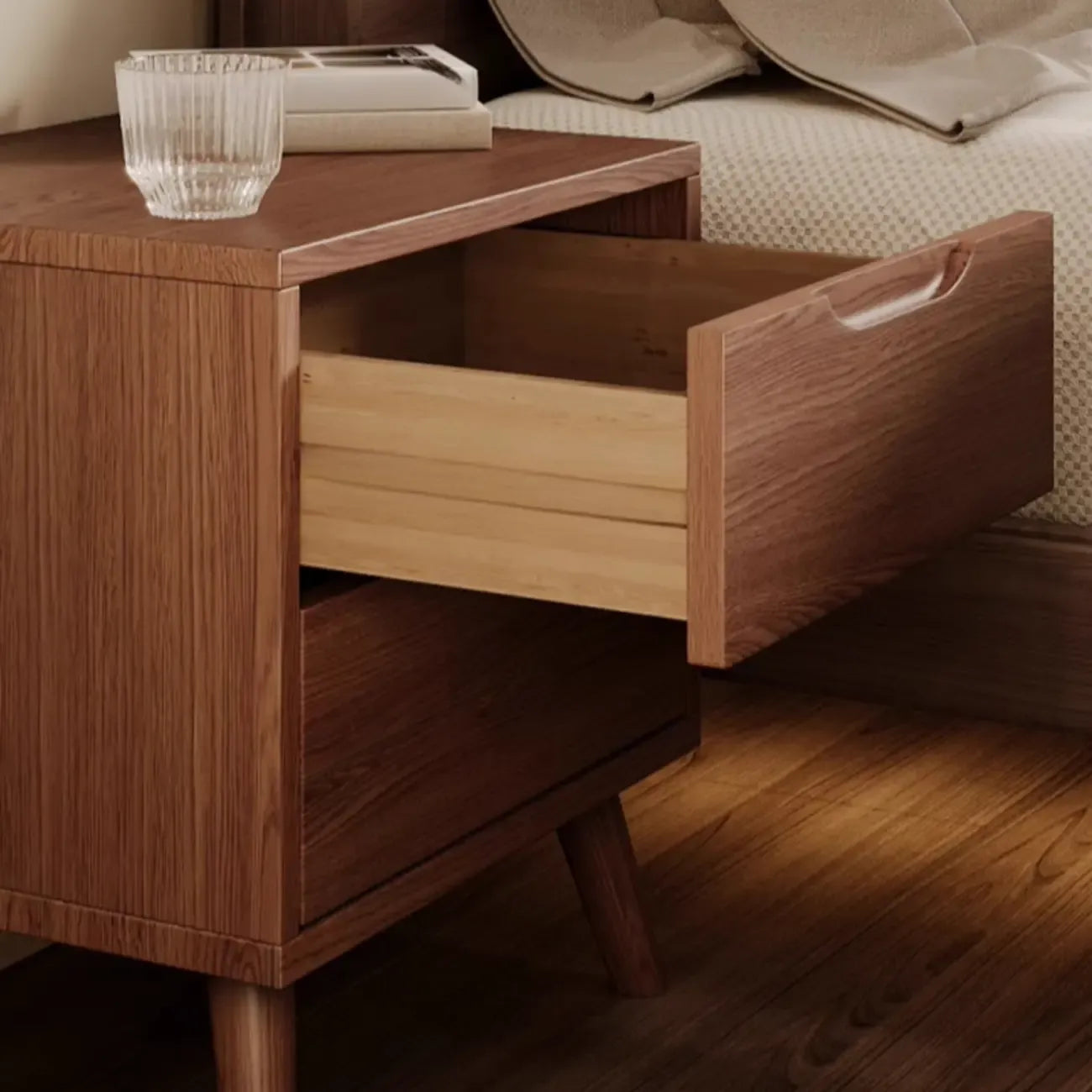 Traditional Wooden Nut-Brown Bedside Double Drawer Nightstand