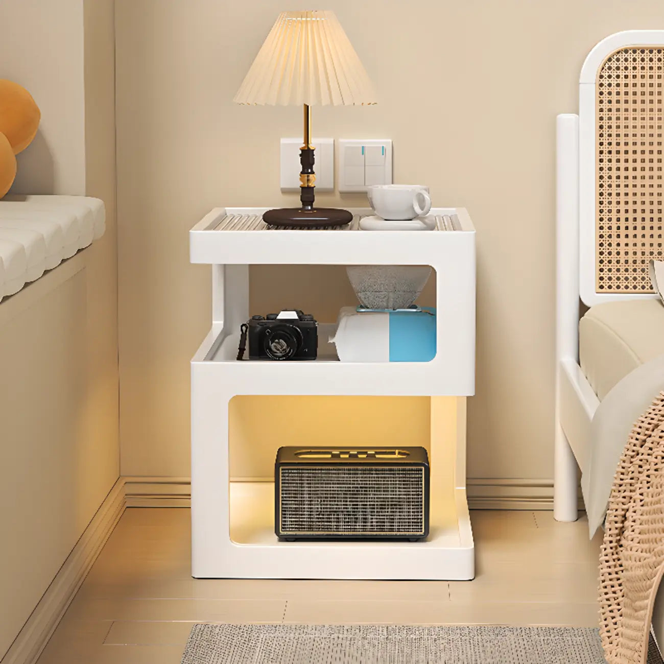 Organic Wood Bedside Cabinet with Glass Top Nightstand