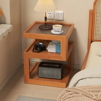 Organic Wood Bedside Cabinet with Glass Top Nightstand