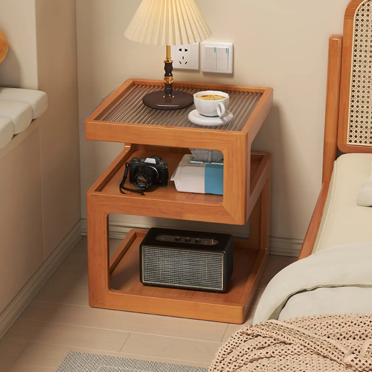 Organic Wood Bedside Cabinet with Glass Top Nightstand